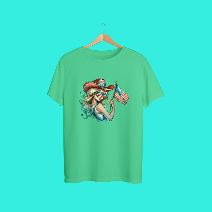 “Patriotic Cowgirl American Flag T-Shirt – Women’s 4th of July Country Western USA Pride Tee” ✨