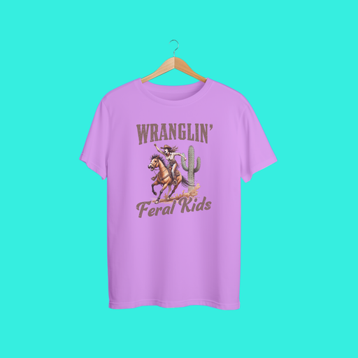“Wranglin’ Feral Kids Funny Cowboy T-Shirt | Western Rodeo Graphic Tee for Moms, Dads & Parents”