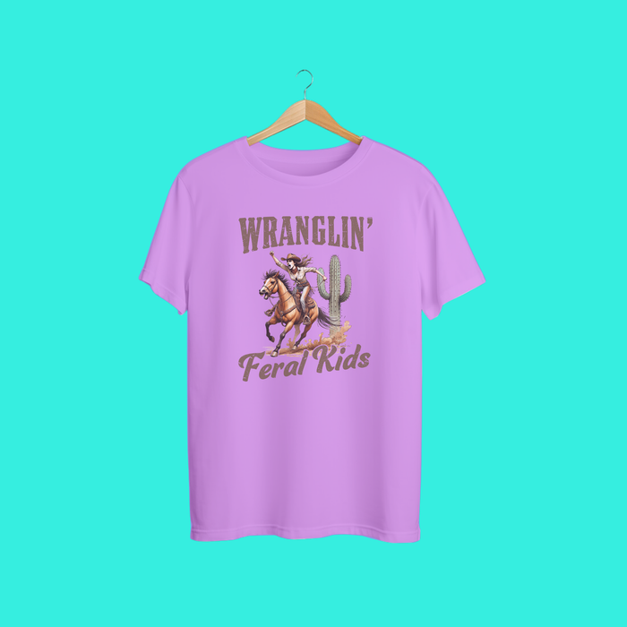 “Wranglin’ Feral Kids Funny Cowboy T-Shirt | Western Rodeo Graphic Tee for Moms, Dads & Parents”