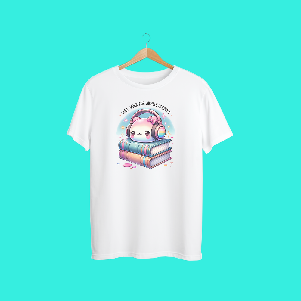Cute “Will Work for Audible Credits” T-Shirt | Kawaii Bookworm Audiobook Shirt | Funny Reading Tee for Book Lovers