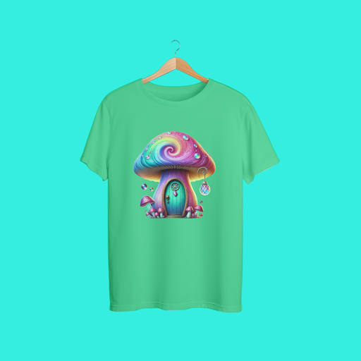 “Rainbow Mushroom House T-Shirt – Psychedelic Trippy Boho Festival Graphic Tee”