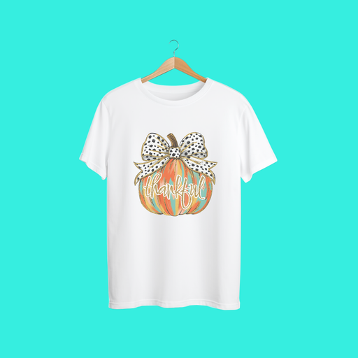 "Thankful Pumpkin Shirt with Polka Dot Bow | Cute Fall Thanksgiving Graphic Tee for Women”