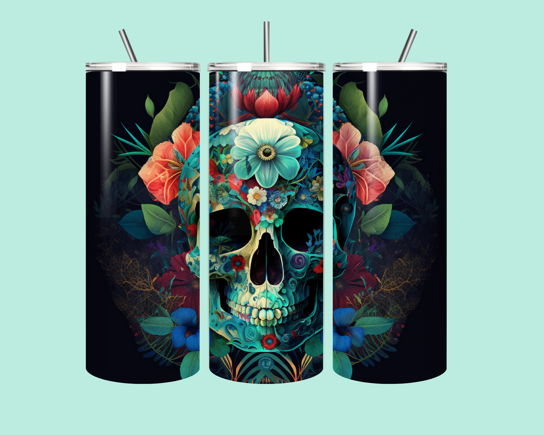 Floral Skull Tumbler 20oz – Colorful Gothic Stainless Steel Cup with Straw | Hot & Cold Insulated Travel Mug